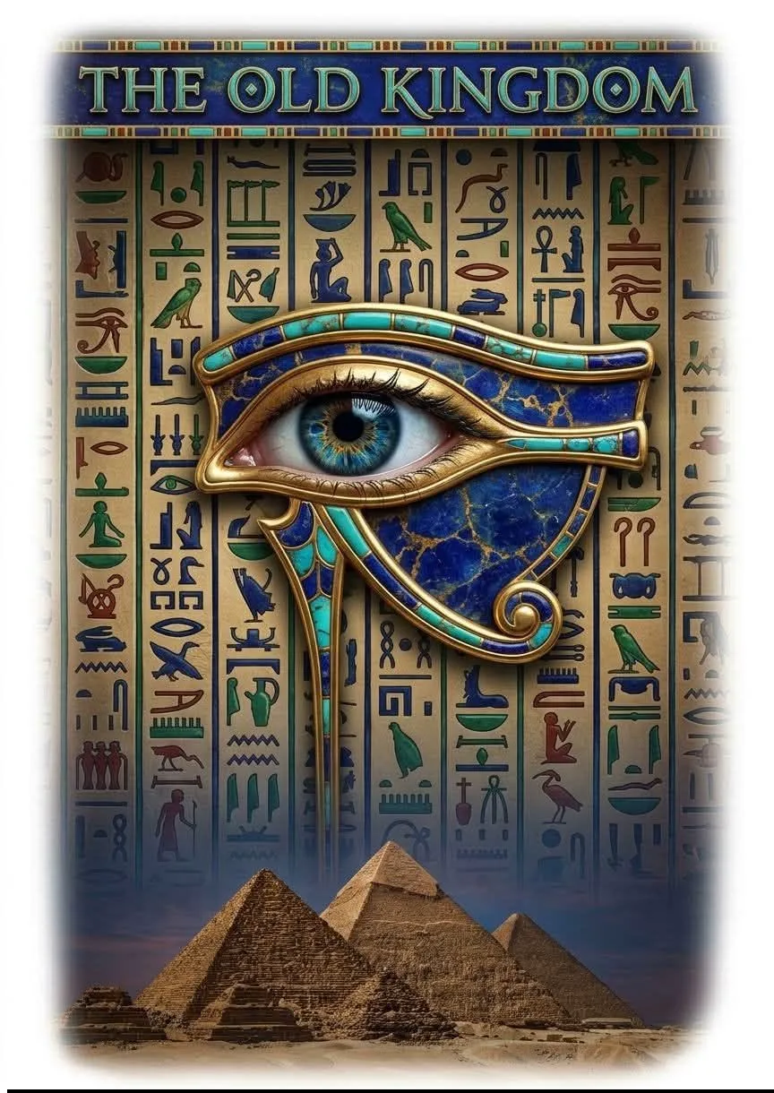 لوحة فنية بعنوان The Old Kingdom تُصوِّر عين حورس بتطعيم أزرق وذهبي على خلفية نقوش فرعونية والأهرامات